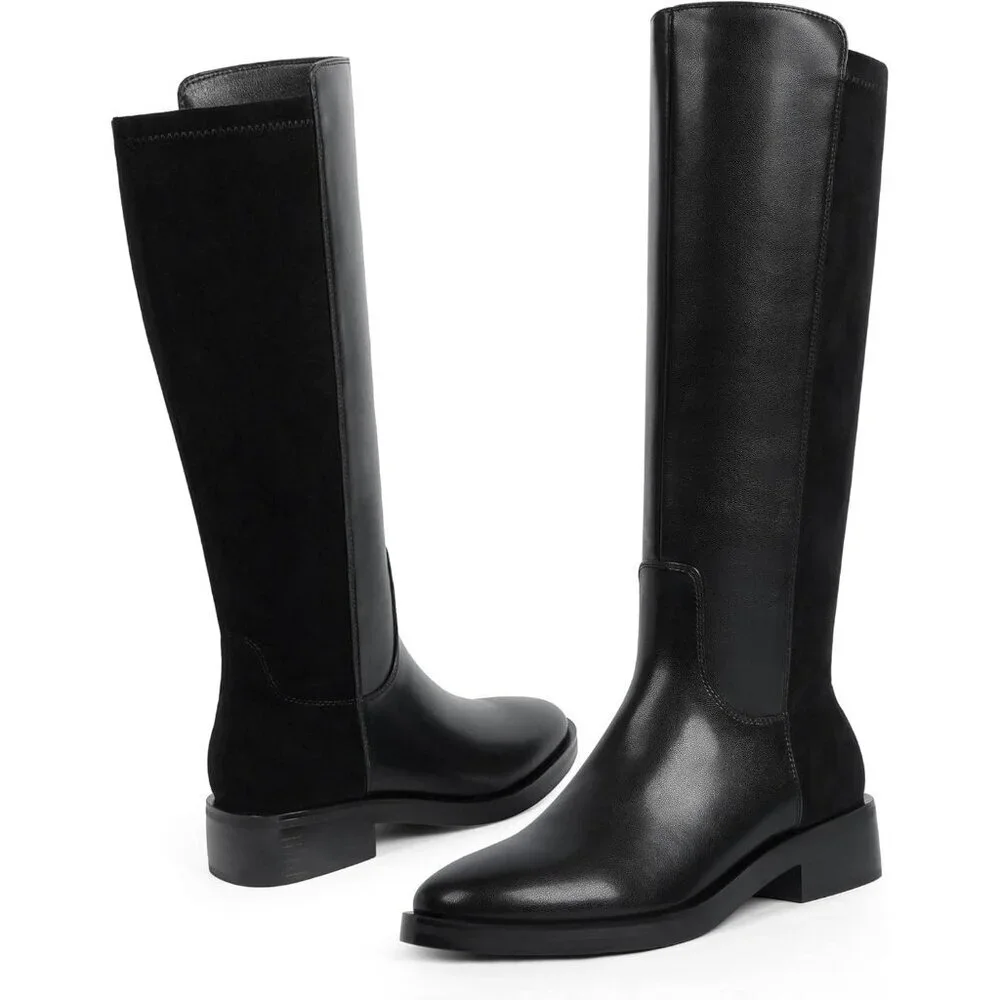 Women Polyurethane Stretch-black Round Toe Flat Heel Side Zipper Knee High Boots